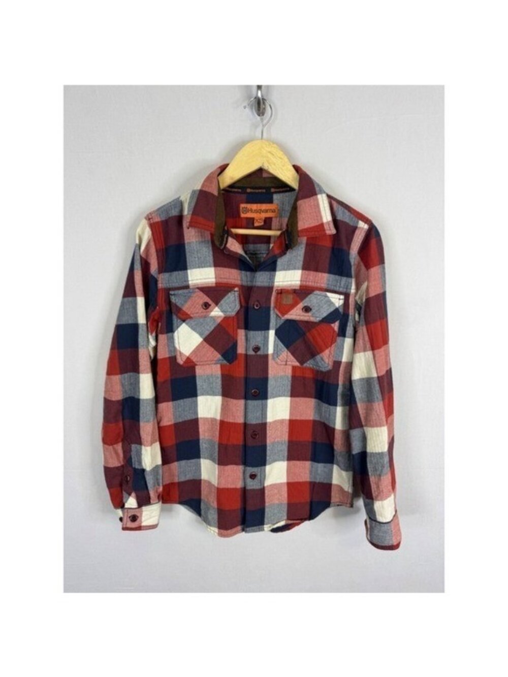 Husqvarna Sylta Plaid Flannel Shirt Mens XS Red Navy Blue Cotton Button Down